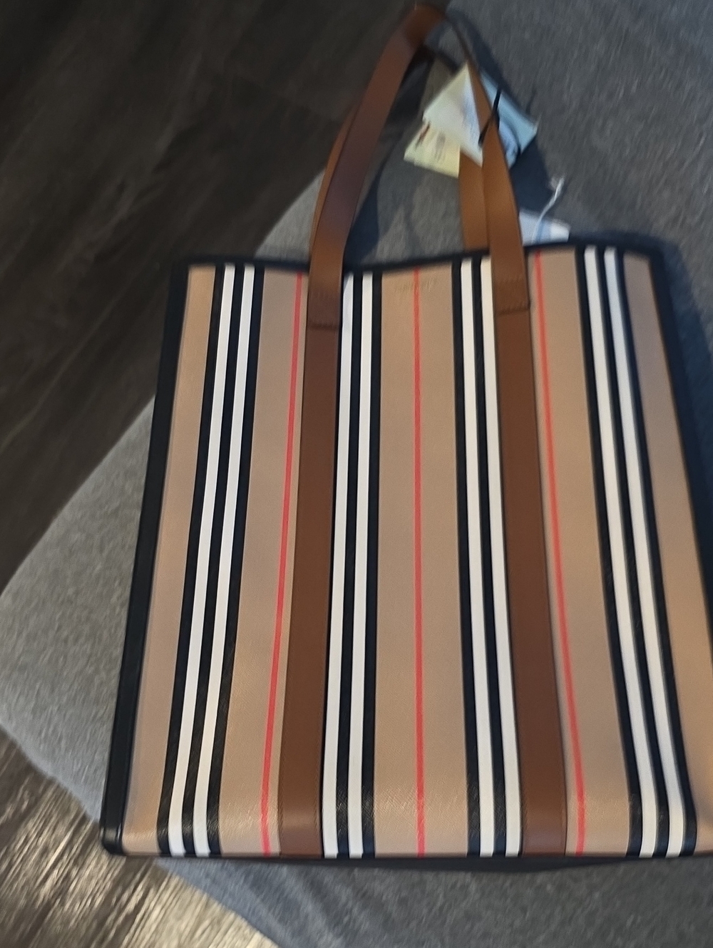 NWT Authentic Burberry Striped E-Canvas Vertical Tote Shopper Bag Tan Red Black
